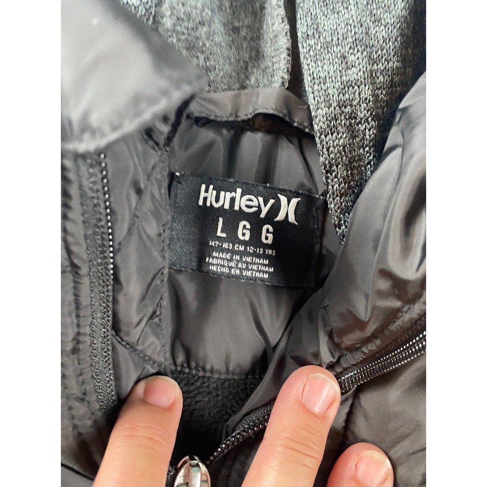 Hurley Hybrid Puffer Jacket Boys Large 12-13 Black Gray Excellent Hooded Zip - Picture 4 of 13